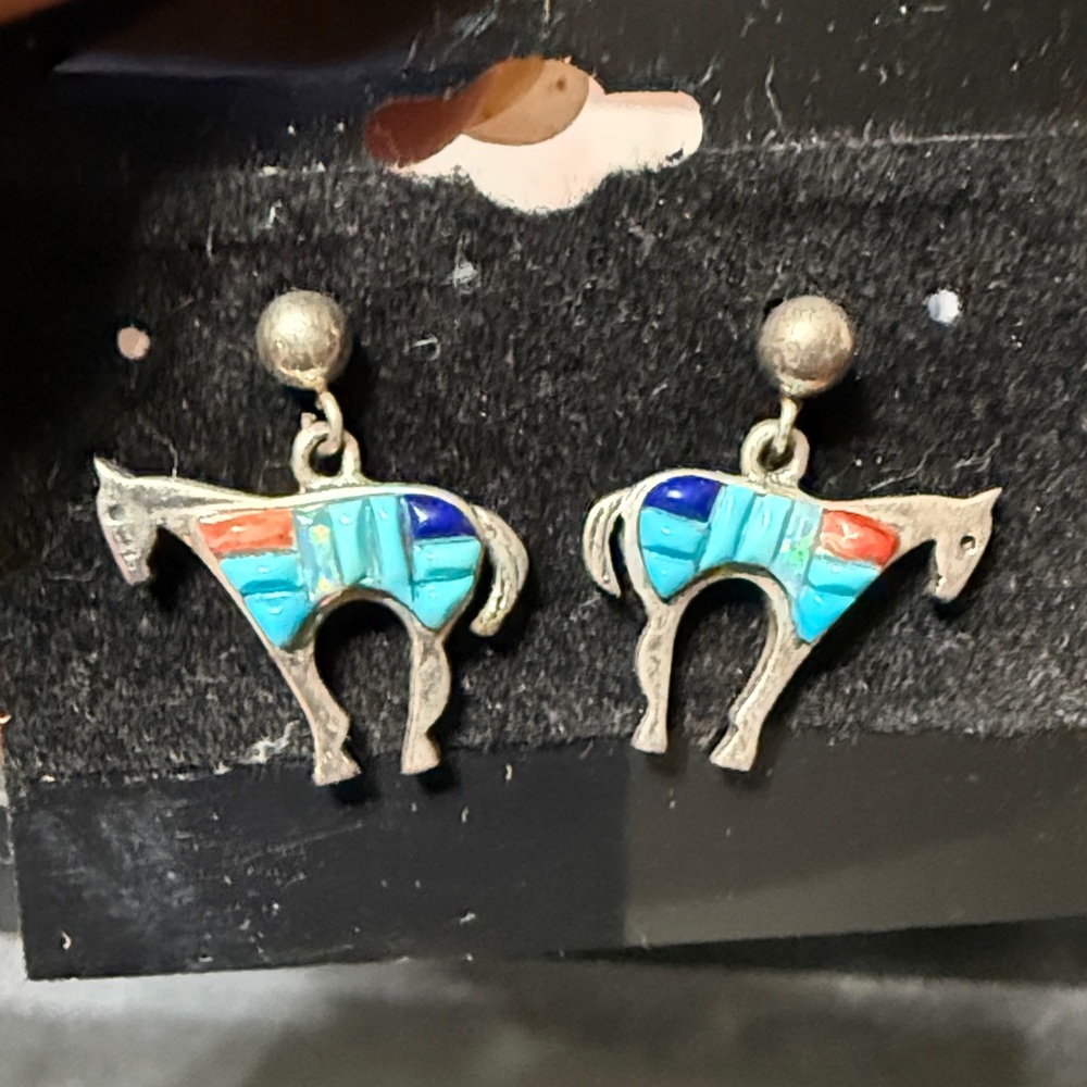 Native American sterling inlay horse earrings